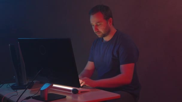 Male Programmer Works Computer Faces Problems While Writing Code Two — Stock Video