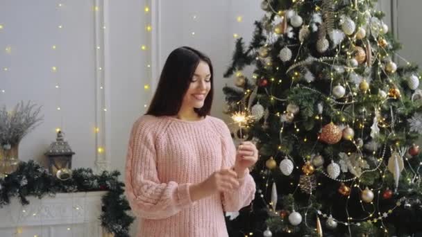 Soluk Pembe Kazaklı Güzel Esmer Kadın Noel Ağacının Yanında Duruyor — Stok video