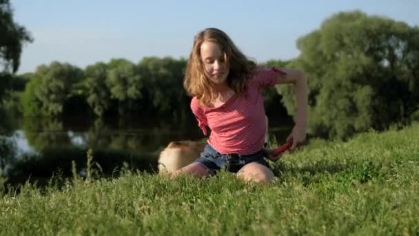 Adolescente chica está jugando con su Pembroke galés Corgi puertas al aire libre . — Vídeo de stock