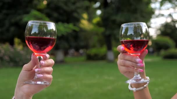 Dois Copos Queixo Vinho Tinto Mãos Mulher Mantêm Copos Fundo — Vídeo de Stock