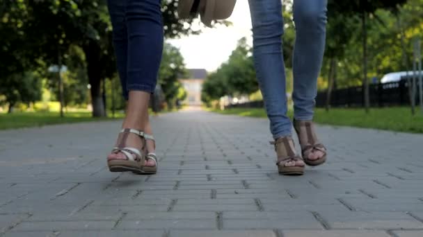 2人のガールフレンドが公園のマカダムを一緒に歩いています サンダルで足の靴を閉じる — ストック動画