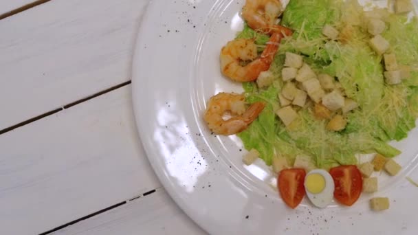 Vista dall'alto dell'insalata Cesare con gamberetti sul piatto bianco e sfondo bianco. — Video Stock