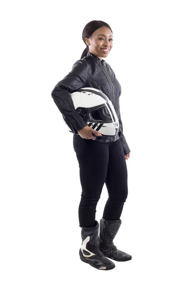 Confident Strong Black Female Holding Helmet Race Car Driver Motorcycle — Stock Photo, Image