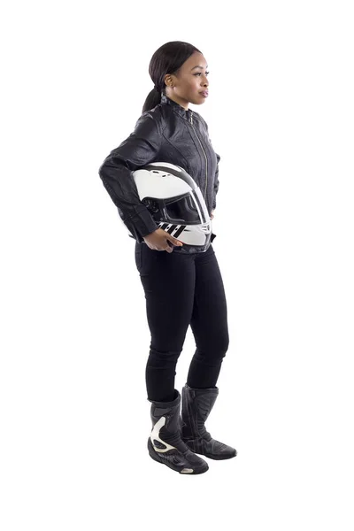 Confident Strong Black Female Holding Helmet Race Car Driver Motorcycle — Stock Photo, Image
