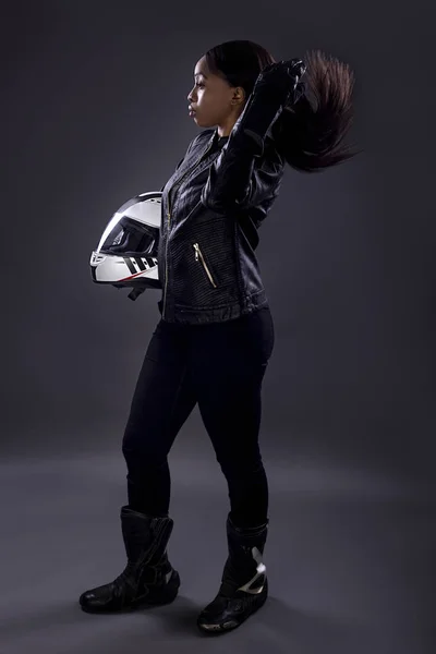 Black Female Motorcycle Rider Race Car Driver Wearing Racing Helmet ...