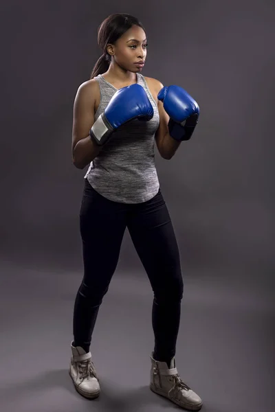 Black Female Wearing Boxing Gloves Training Exercising She Posing Punches — Stock Photo, Image