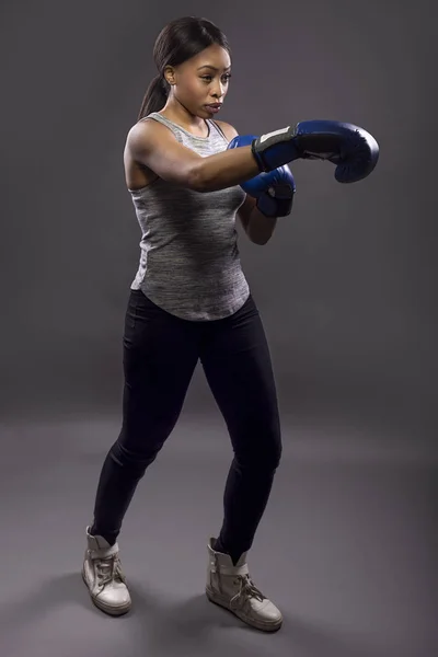 Black Female Wearing Boxing Gloves Training Exercising She Posing Punches — Stock Photo, Image