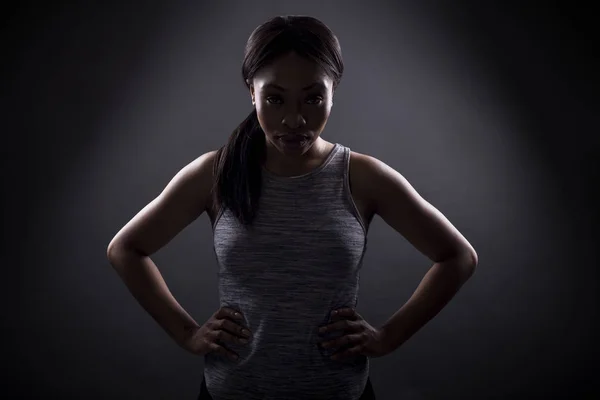 Silhouette Black Female Angry Pose Portrait Athlete Concentrating Extreme Sport — Stock Photo, Image