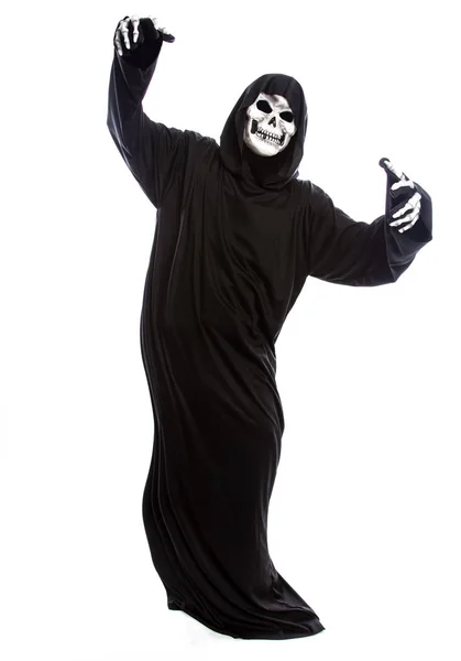 Grim Reaper Dood Halloween Kostuum Geïsoleerd Een Witte Achtergrond Het — Stockfoto