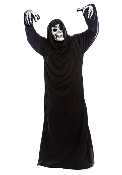 Triste Mietitore Morte Costume Halloween Isolato Uno Sfondo Bianco Scheletro — Foto Stock