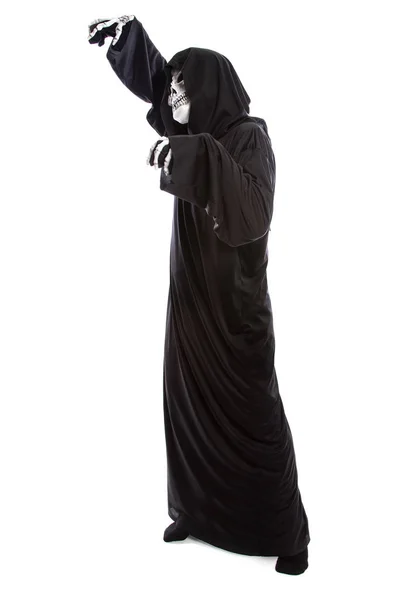 Sombrío Disfraz Halloween Muerte Aislado Sobre Fondo Blanco Esqueleto Lleva —  Fotos de Stock