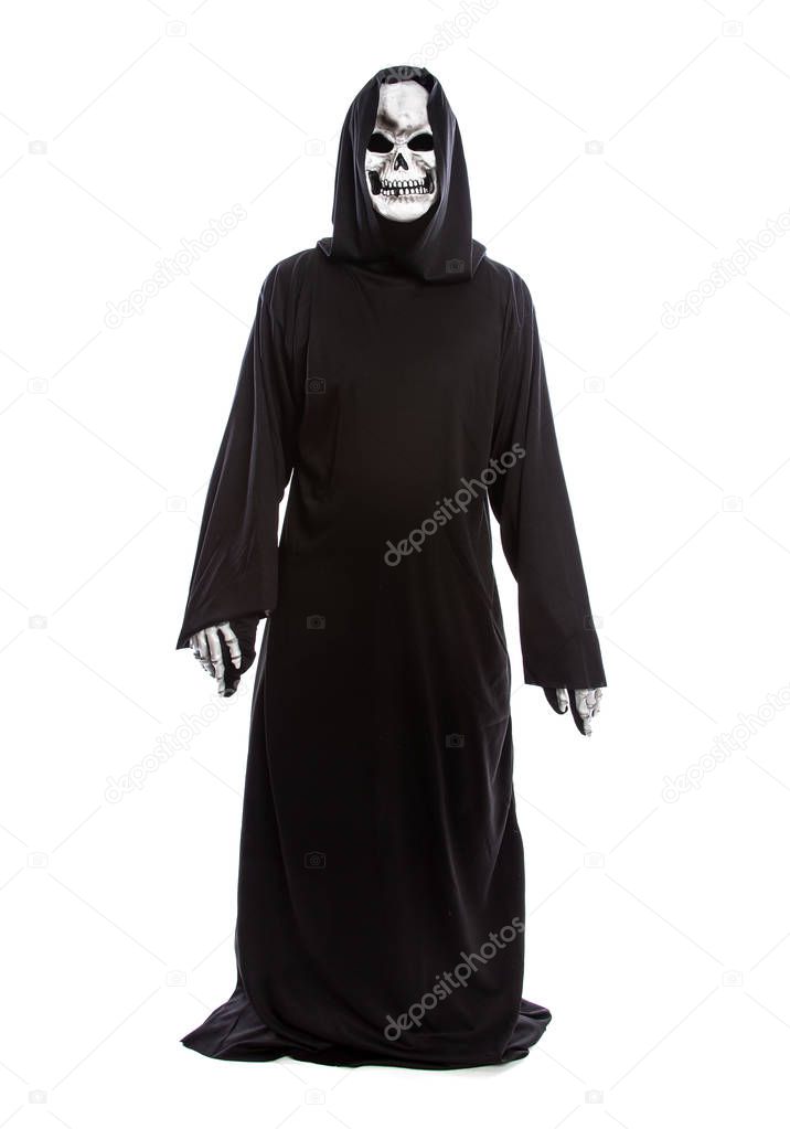 The grim reaper or death halloween costume isolated on a white background.  The skeleton is wearing a hooded black robe. He is doing funny scary poses.