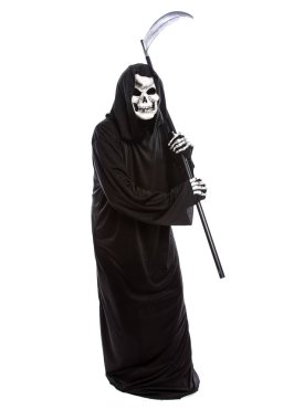 Korkunç bir tırpan wielding bir iskelet azrail kostüm. Ölmeyen hayalet Ekim Cadılar Bayramı tatil temsil etmek için siyah bir elbise giyiyor. Beyaz bir arka plan üzerinde izole
