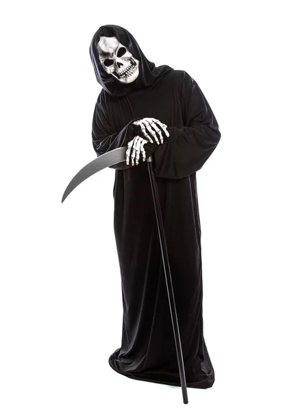 Kostuum Van Een Skelet Grim Reaper Zwaaiende Een Eng Zeis — Stockfoto