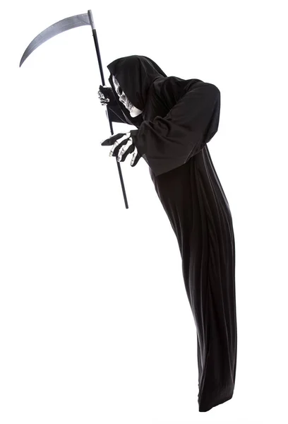 Kostüm Eines Skelettierten Sensenmannes Der Eine Furchterregende Sense Schwingt Das — Stockfoto