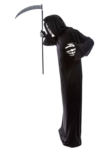 Traje Ceifador Sombrio Esqueleto Empunhando Uma Foice Assustadora Fantasma Morto — Fotografia de Stock