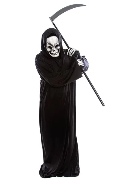 Costume Skeleton Grim Reaper Wielding Scary Scythe Undead Ghost Wearing — Stock Photo, Image