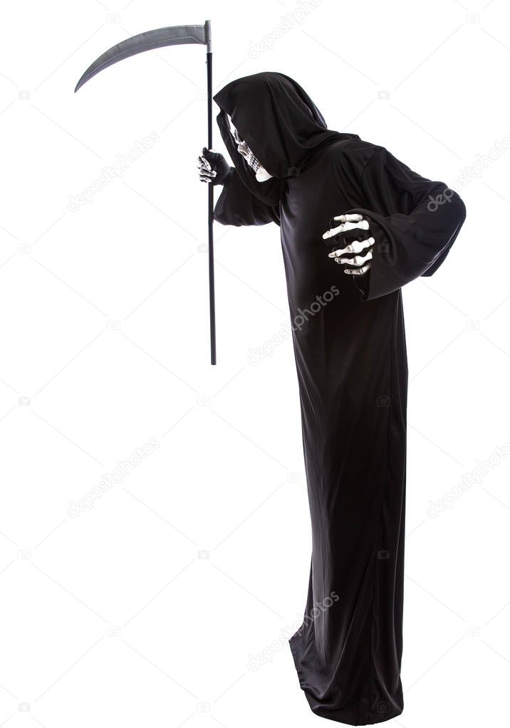 Costume of a skeleton grim reaper wielding a scary scythe.  The undead ghost is wearing a black robe to represent October Halloween holiday.  Isolated on a white background