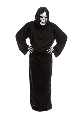 Sabırsız veya üzgün ve bekliyor beyaz bir arka plan üzerinde siyah bir elbise giyen bir iskelet azrail Halloween kılık