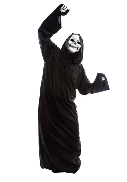 Halloween Kostüm Eines Skelettierten Sensenmannes Der Ein Schwarzes Gewand Auf — Stockfoto