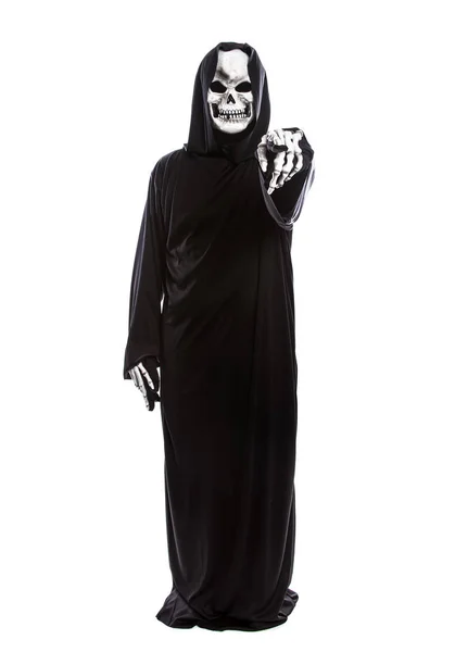 Halloween Costume Skeleton Grim Reaper Wearing Black Robe White Background — Stock Photo, Image