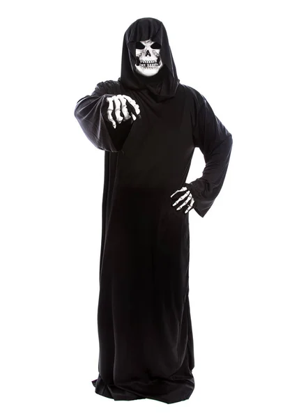 Disfraz Halloween Una Parca Esqueleto Vistiendo Una Túnica Negra Sobre — Foto de Stock
