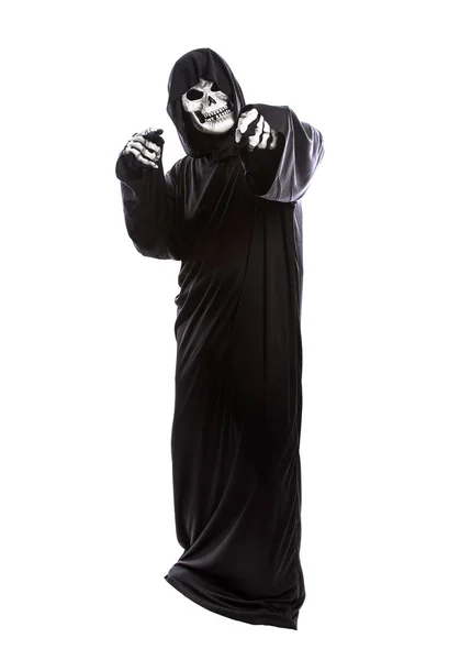 Disfraz Halloween Una Parca Esqueleto Vistiendo Una Túnica Negra Sobre —  Fotos de Stock