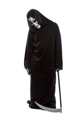 Bir hata yapıyorsunuz üzgün seyir beyaz bir arka plan üzerinde siyah bir elbise giyen bir iskelet azrail Halloween kılık