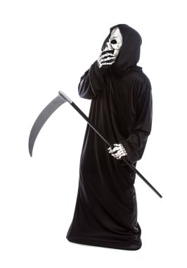 Bir hata yapıyorsunuz üzgün seyir beyaz bir arka plan üzerinde siyah bir elbise giyen bir iskelet azrail Halloween kılık