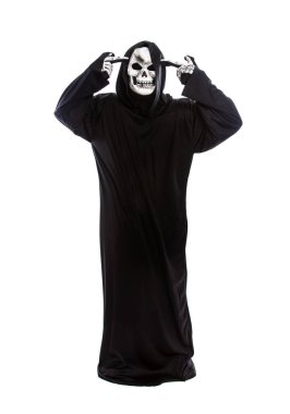 Bir hata yapıyorsunuz üzgün seyir beyaz bir arka plan üzerinde siyah bir elbise giyen bir iskelet azrail Halloween kılık