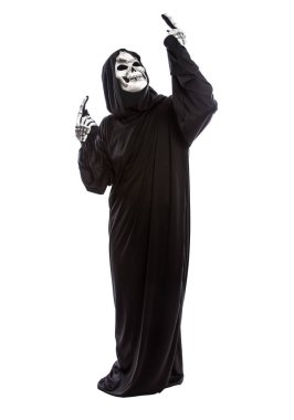 Veya bir şey reklam sunumu beyaz bir arka plan üzerinde siyah bir elbise giyen bir iskelet azrail Halloween kılık