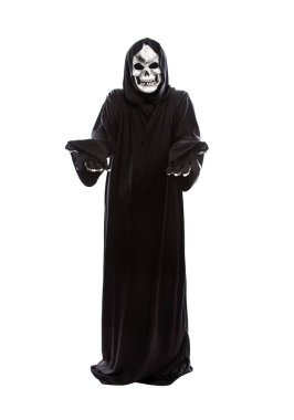 Veya bir şey reklam sunumu beyaz bir arka plan üzerinde siyah bir elbise giyen bir iskelet azrail Halloween kılık