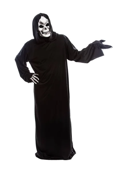 Halloween Kostüm Eines Skelettierten Sensenmannes Einem Schwarzen Gewand Auf Weißem — Stockfoto