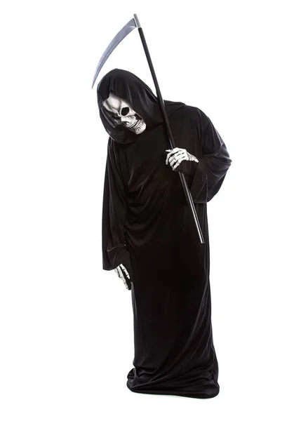 Costume Halloween Squelette Faucheur Sombre Portant Une Robe Noire Sur — Photo