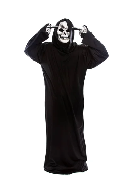 Costume Halloween Uno Scheletro Triste Mietitore Che Indossa Una Vestaglia — Foto Stock