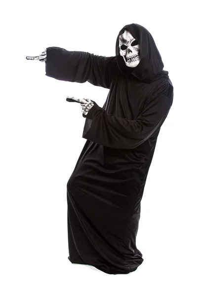 Halloween Costume Skeleton Grim Reaper Wearing Black Robe White Background — Stock Photo, Image