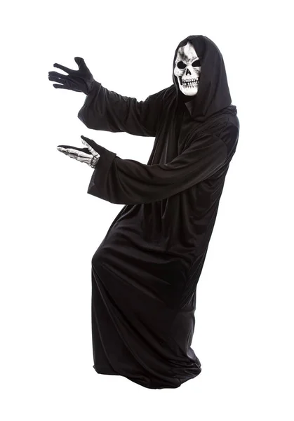Halloween Costume Skeleton Grim Reaper Wearing Black Robe White Background Stock Picture