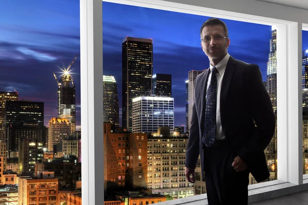 Middle Aged Businessman Looking Out Bright Office Window Thinking City — Stock Photo, Image