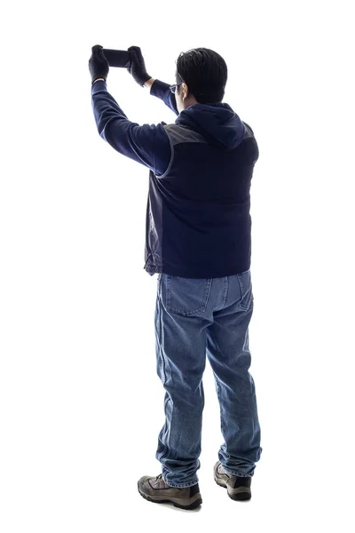 Мужчина Турист Турист Делает Мобильную Фотографию Камерой Мобильного Телефона Изолированный — стоковое фото