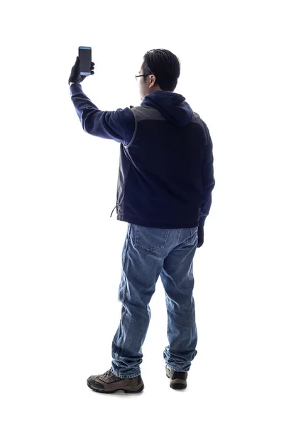 Чоловічий Пішохід Або Турист Роблять Мобільну Фотографію Мобільним Телефоном Ізольовані — стокове фото