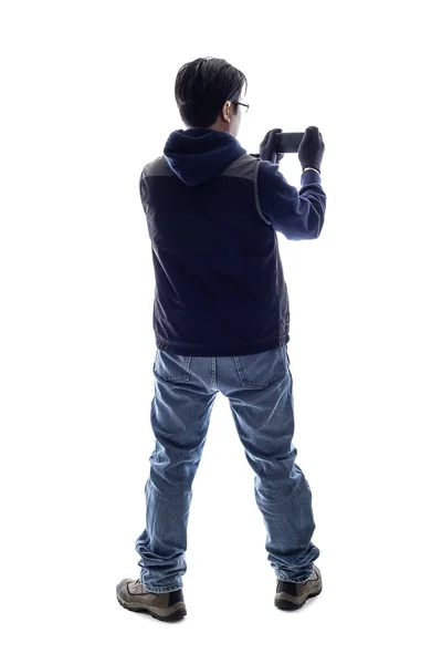 Caminhante Masculino Turista Fazendo Fotografia Móvel Com Uma Câmera Telefone — Fotografia de Stock