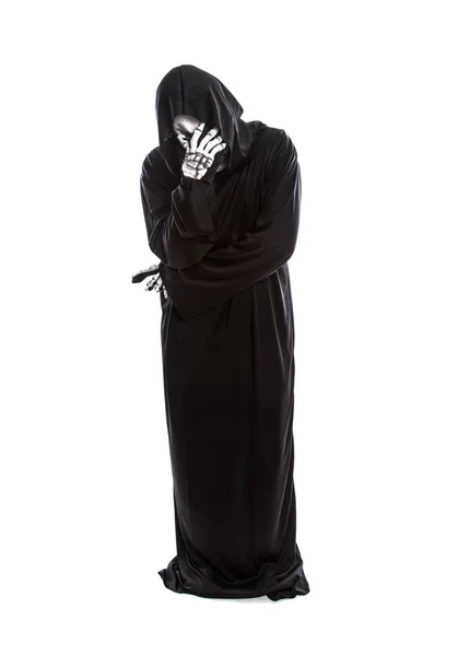 Halloween Costume Skeleton Grim Reaper Wearing Black Robe White Background — Stock Photo, Image