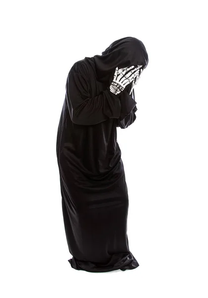 Halloween Costume Skeleton Grim Reaper Wearing Black Robe White Background — Stock Photo, Image