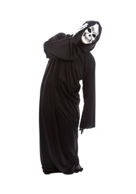 Bir siyah elbise almak gibi bir beyaz arka plan oyunculuk HIT veya dayak biri tarafından giyen bir iskelet Azrail Halloween kılık