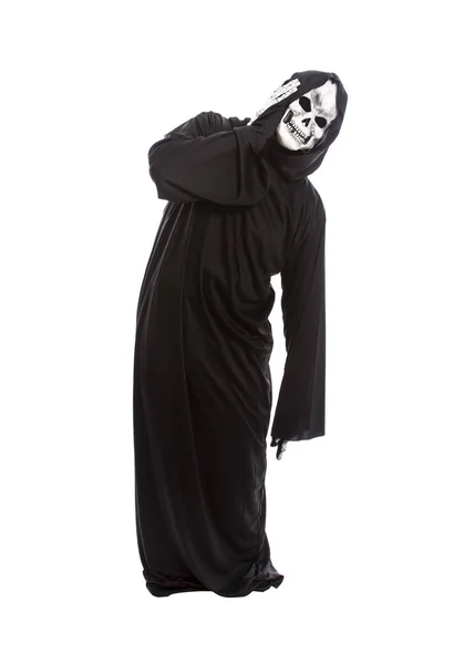 Halloween Costume Skeleton Grim Reaper Wearing Black Robe White Background — Stock Photo, Image