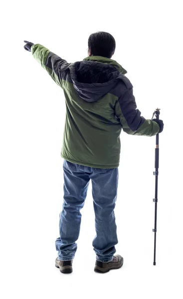 Alpinista Caminhante Olhando Para Fundo Branco Para Composto Homem Está — Fotografia de Stock