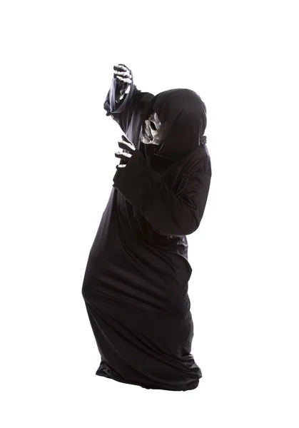Halloween Costume Skeleton Grim Reaper Wearing Black Robe White Background Royalty Free Stock Photos