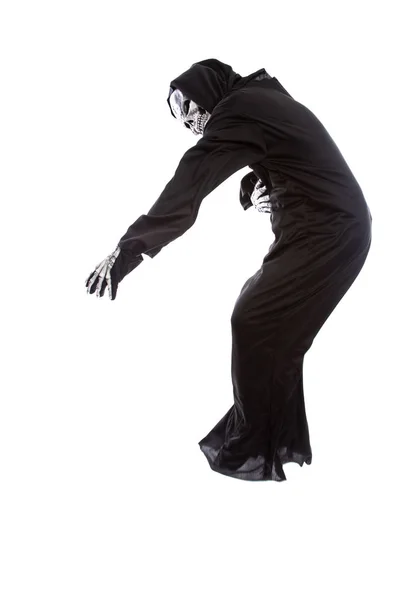 Halloween Costume Skeleton Grim Reaper Wearing Black Robe White Background Royalty Free Stock Images