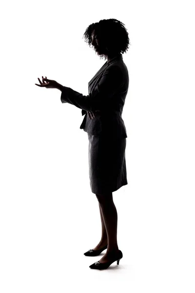Silhouette Black Businesswoman Gesturing She Speaking Giving Speech Teacher Presenter — Stock Photo, Image