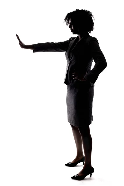 Silhouette Black Businesswoman Gesturing Stop Holding Hands She Isolated White — Stock Photo, Image